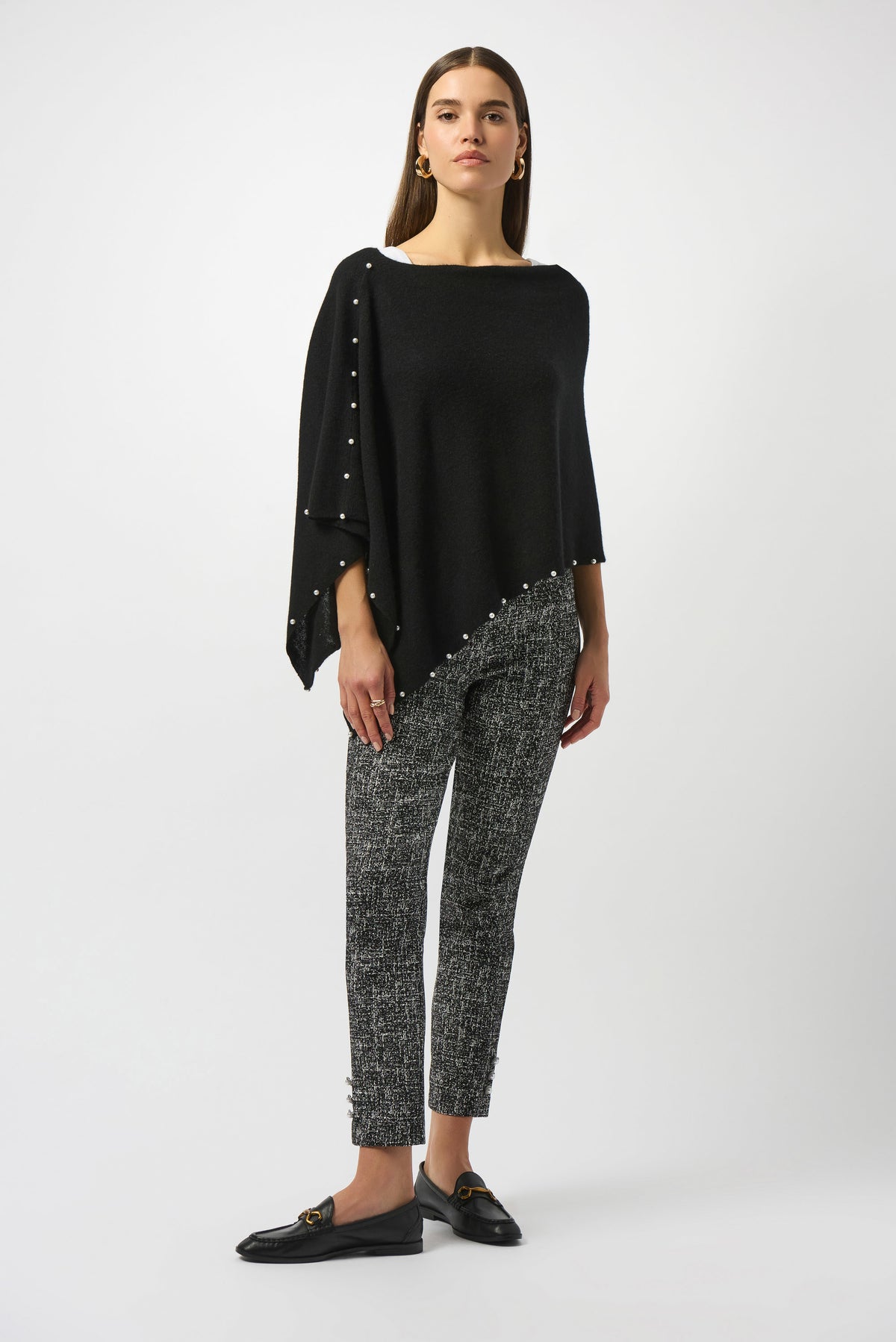 Joseph Ribkoff Black Cashmere Poncho with Pearl Detailing