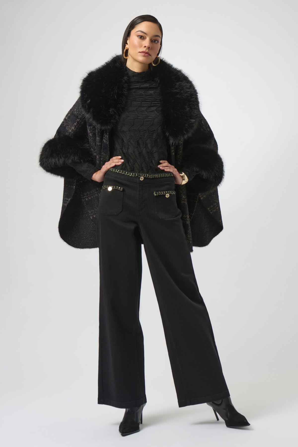 Joseph Ribkoff Black Classic Wide Leg Stretch Jeans with Braided Trim