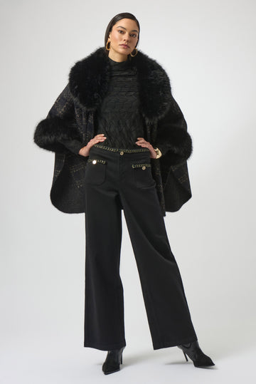 Joseph Ribkoff Black Classic Wide Leg Stretch Jeans with Braided Trim