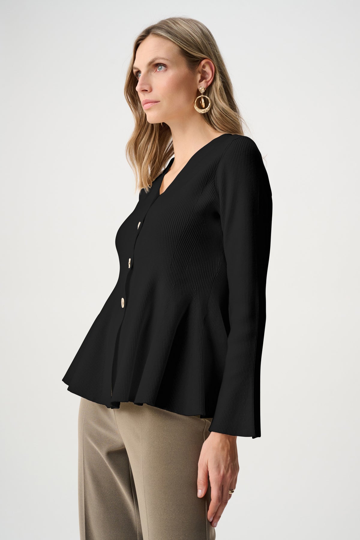 Joseph Ribkoff Black Cotton Knit Fit And Flare Peplum Cardigan