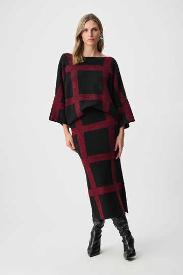 Joseph Ribkoff Black/Deep Cherry Brushed Viscose And Nylon Knit Plaid Pencil Skirt