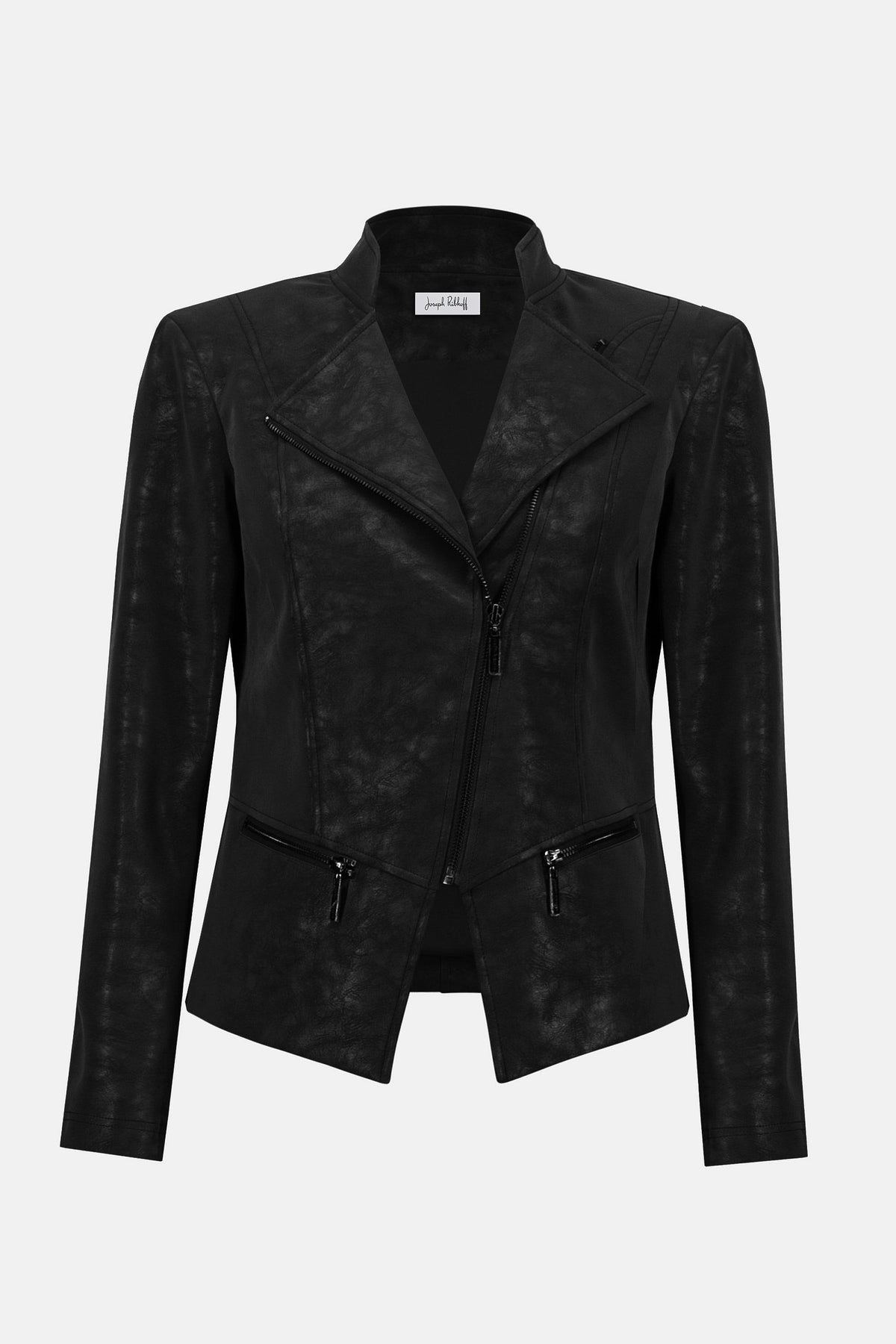 Joseph Ribkoff Black Foiled Faux Suede Fitted Moto Jacket