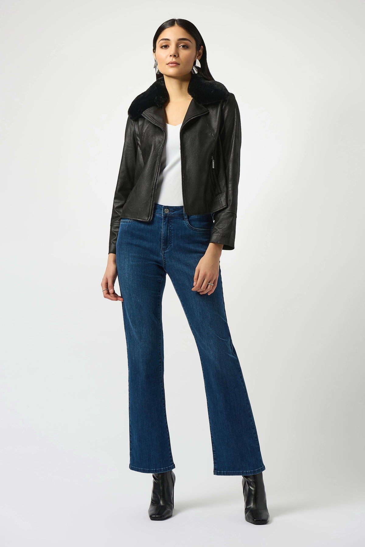 Joseph Ribkoff Black Foiled Suede Swing Jacket with Faux Fur Collar