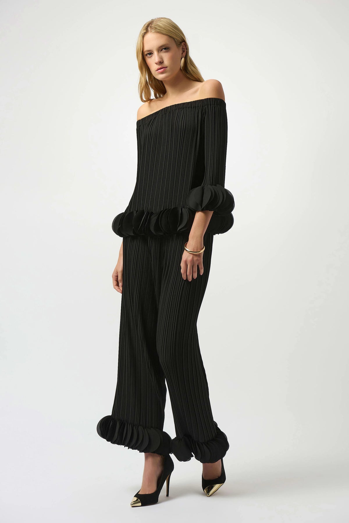Joseph Ribkoff Black Georgette Off Shoulder Pleated Top