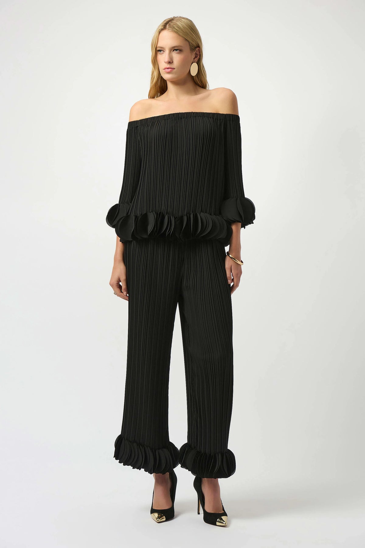 Joseph Ribkoff Black Georgette Wide Leg Pleated Pants