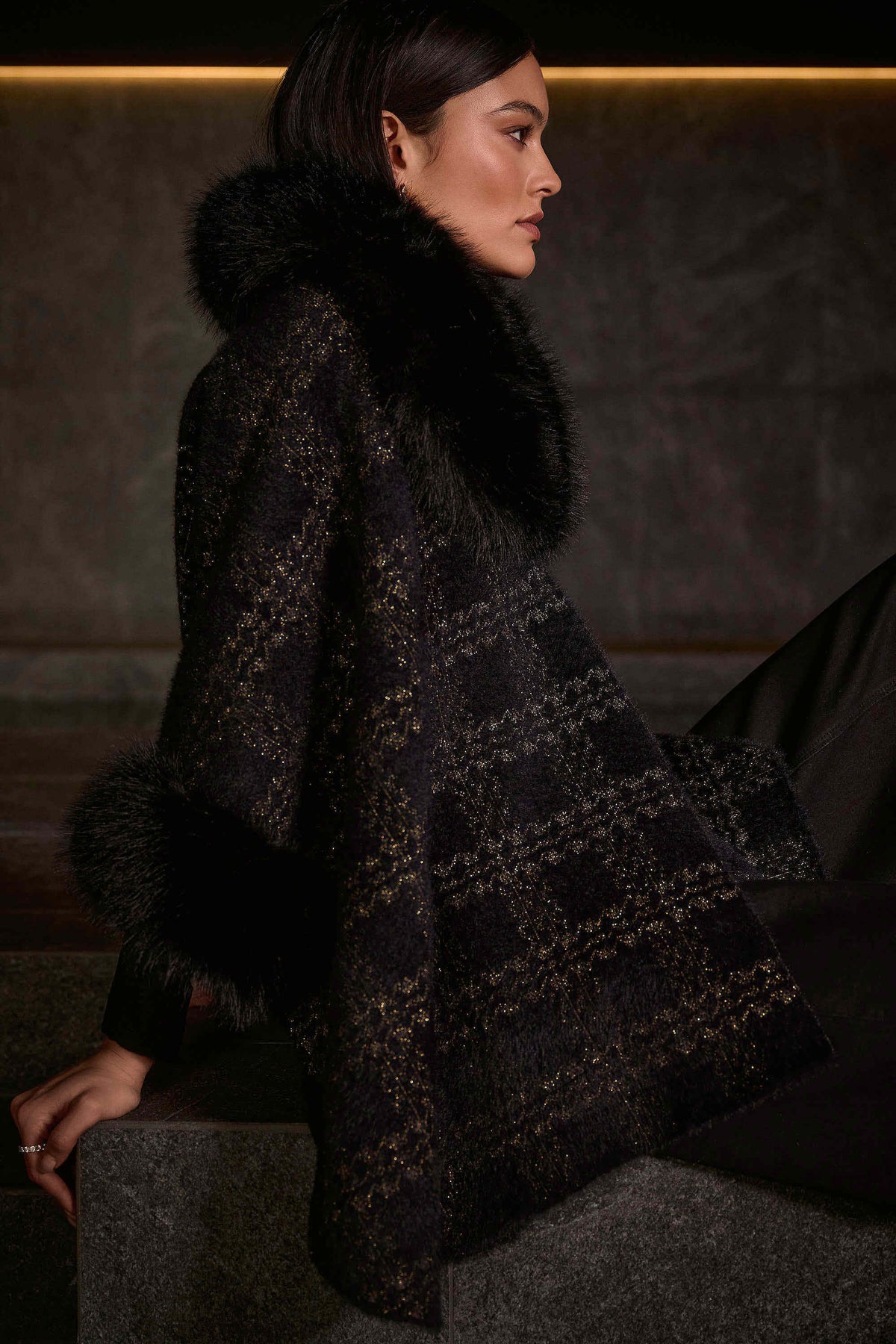 Joseph_Ribkoff_Black_Gold_Jacquard_Sweater_Knit_Cape_with_Faux_Fur_Accents