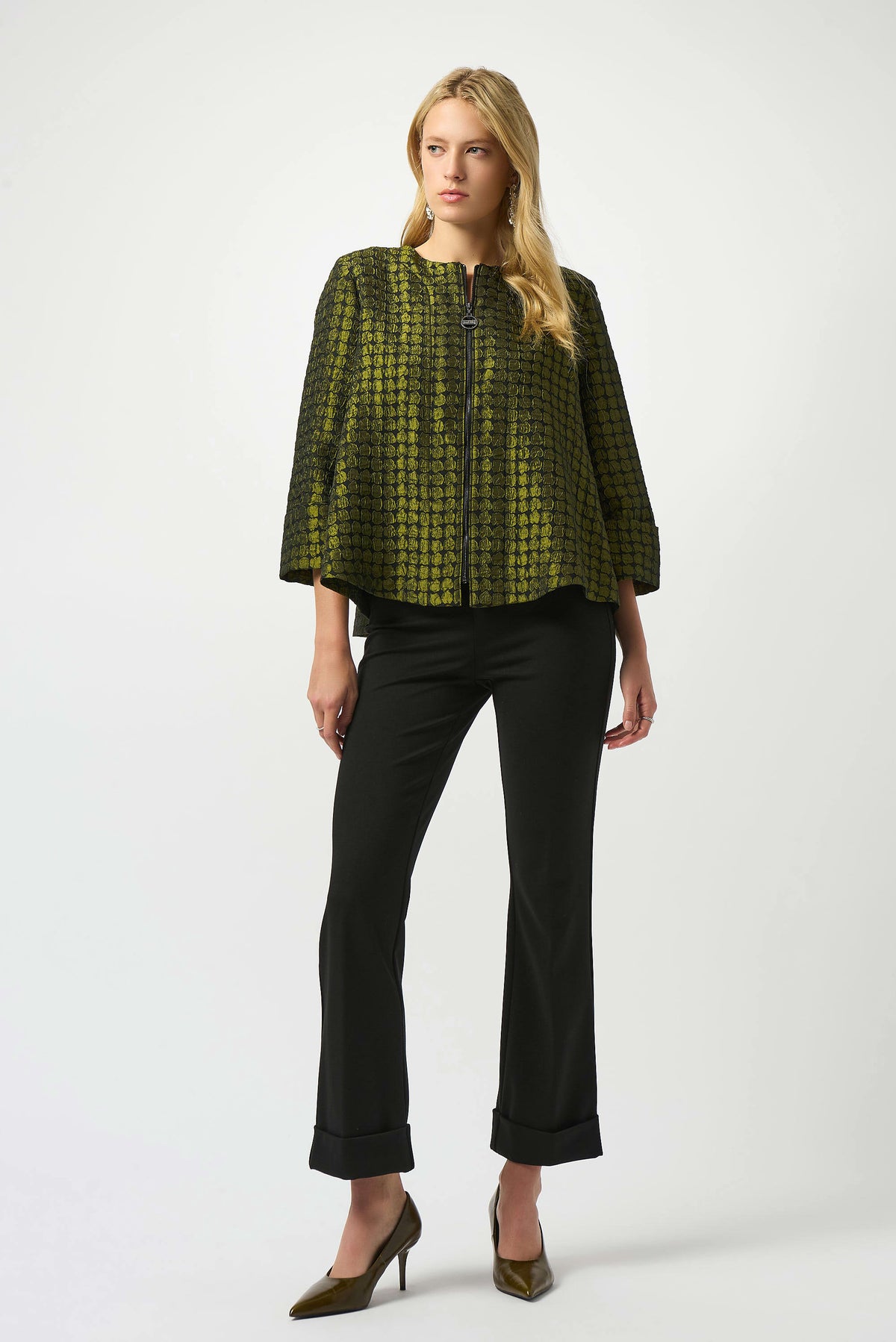 Joseph Ribkoff Black/Green Textured Dot Jacquard Swing Jacket 
