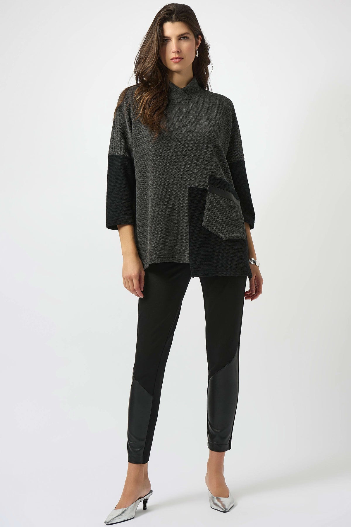 Joseph Ribkoff Black Heavy Knit and Leatherette Pull-On Legging
