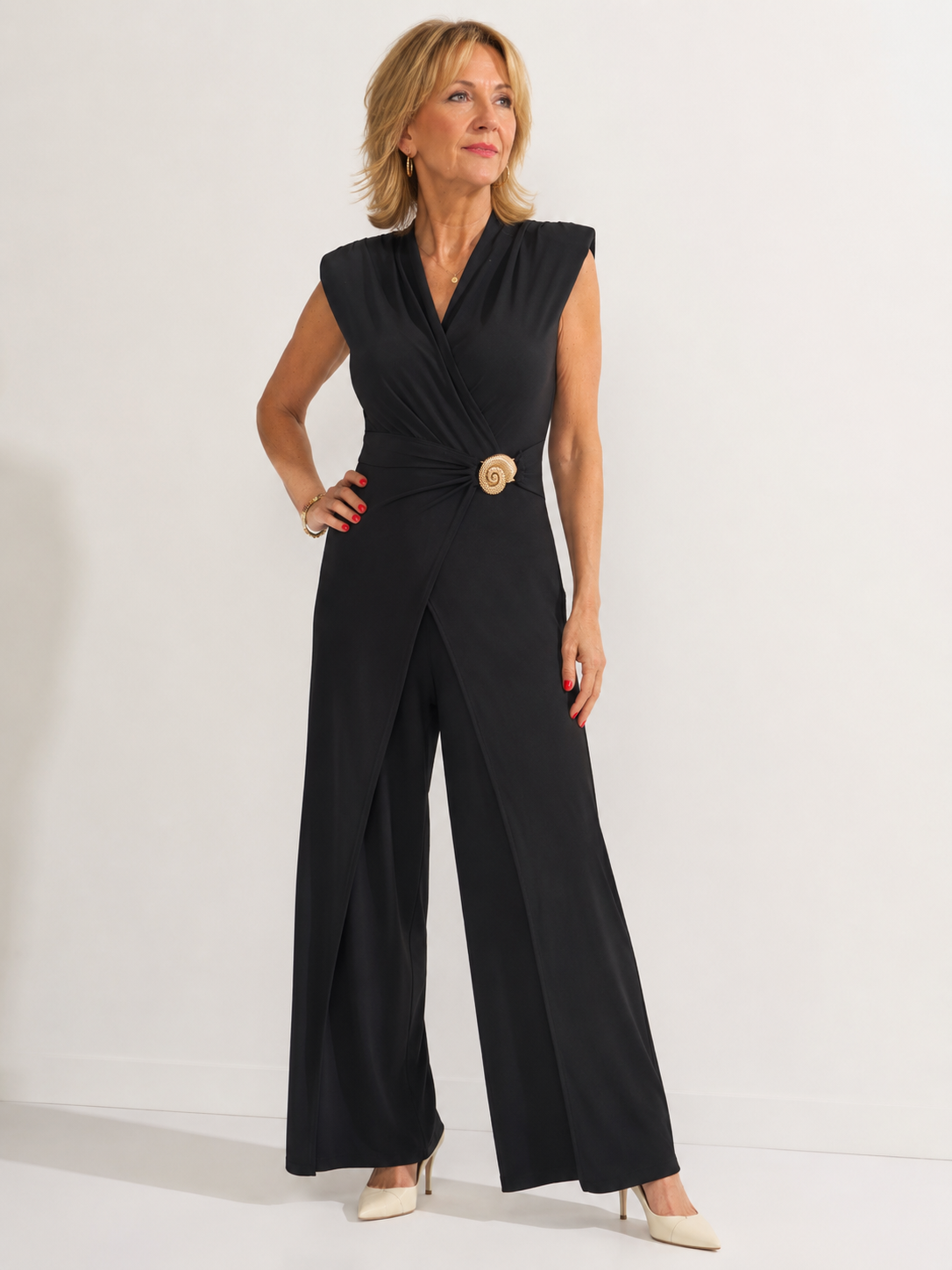 Joseph Ribkoff Black Jumpsuit Featuring Wrap Detail and Shoulder Pads