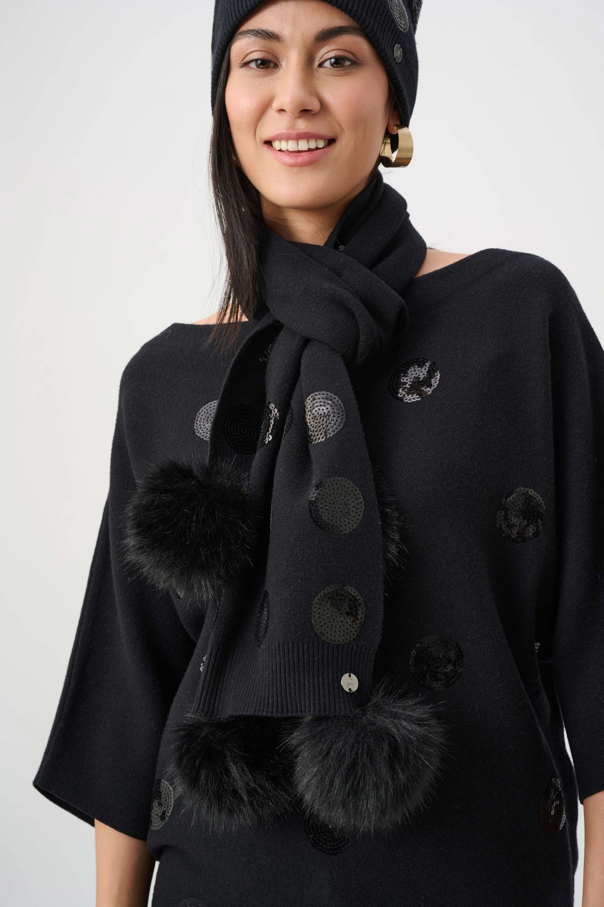 Joseph Ribkoff Black Knit Scarf With Pompoms And Sequins