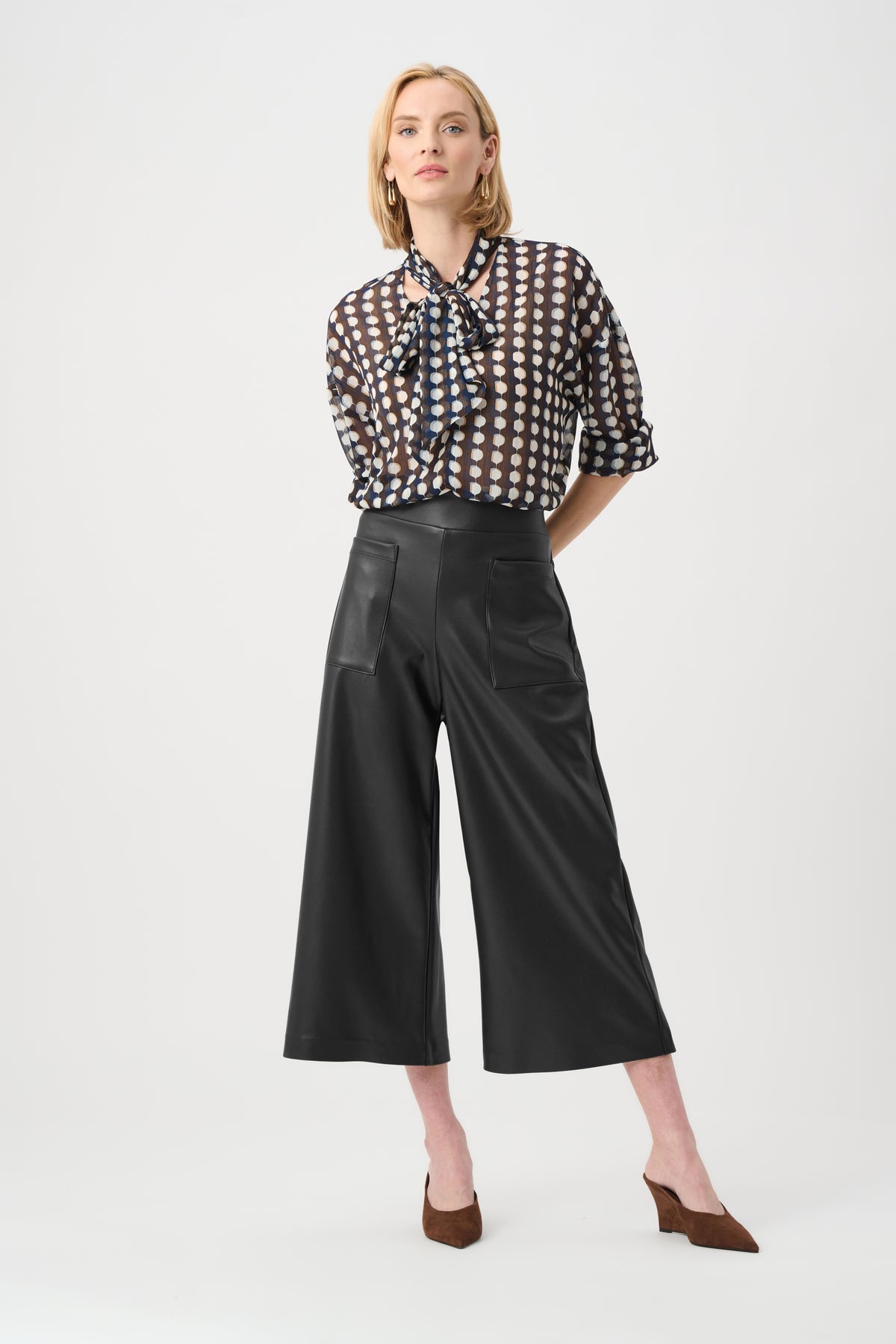 Joseph Ribkoff Black Leatherette Pull-On Culotte Pants 