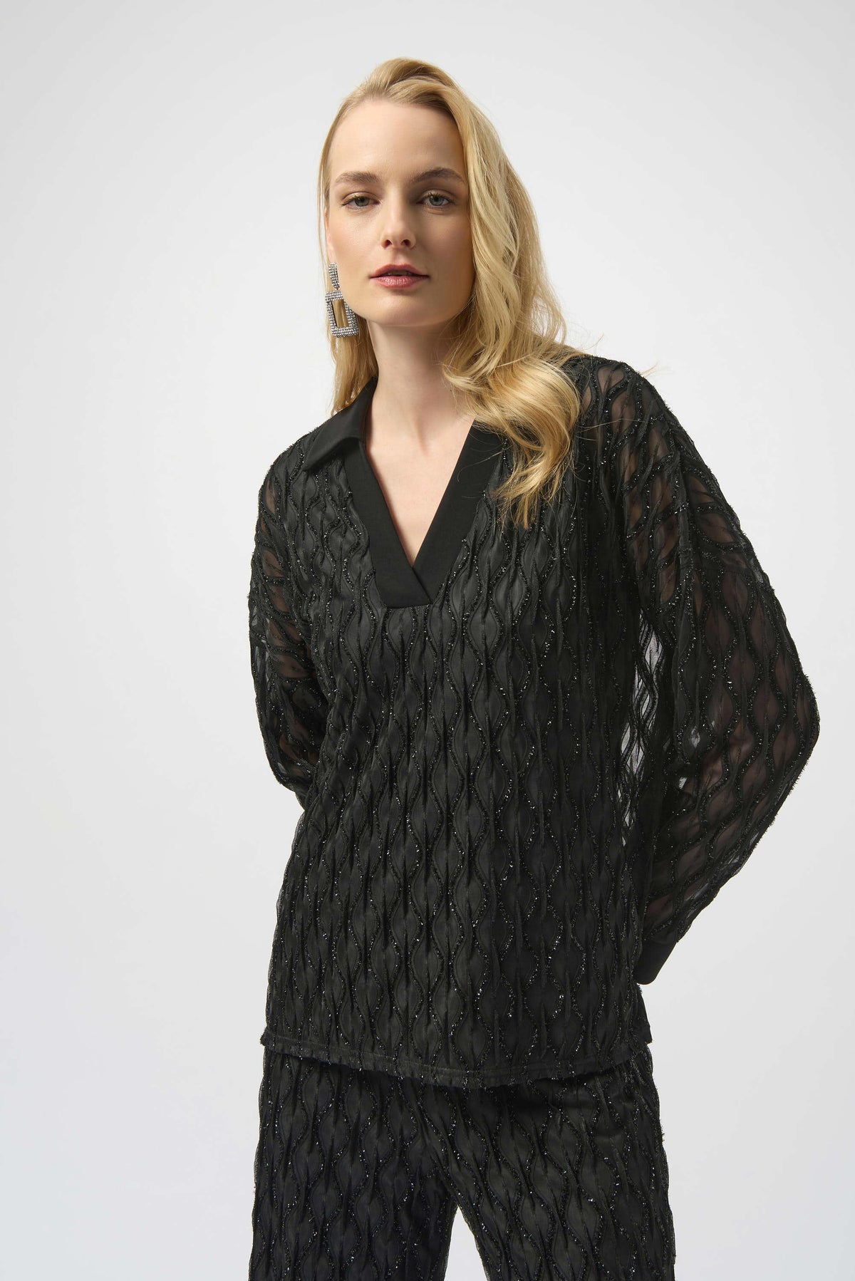 Joseph Ribkoff Black Lurex Cascade and Silky Knit Boxy Top