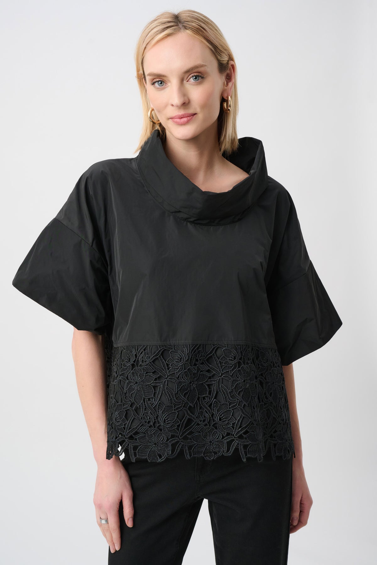 Joseph Ribkoff Black Memory Boxy Top With Lace Hem