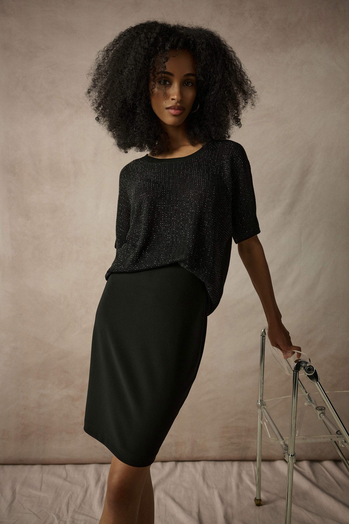 Joseph Ribkoff Black Metallic Knitted T-shirt with Rhinestones - Core Colours