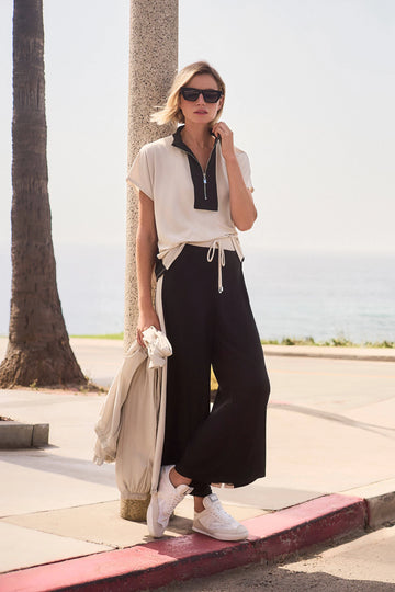 Joseph Ribkoff Black/Moonstone Silky Knit Color Block Wide Leg Pull-On Pants