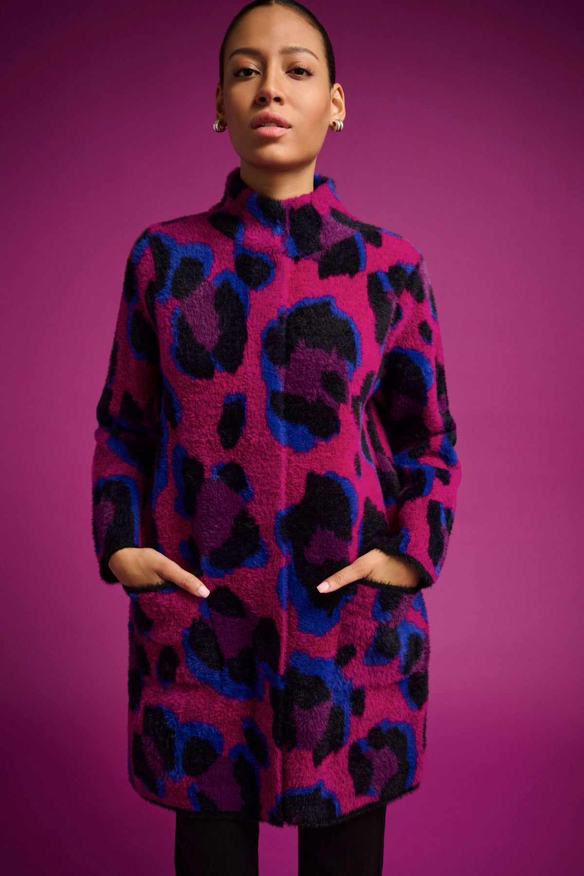 Joseph Ribkoff Black/Multi Animal Print Sweater Coat