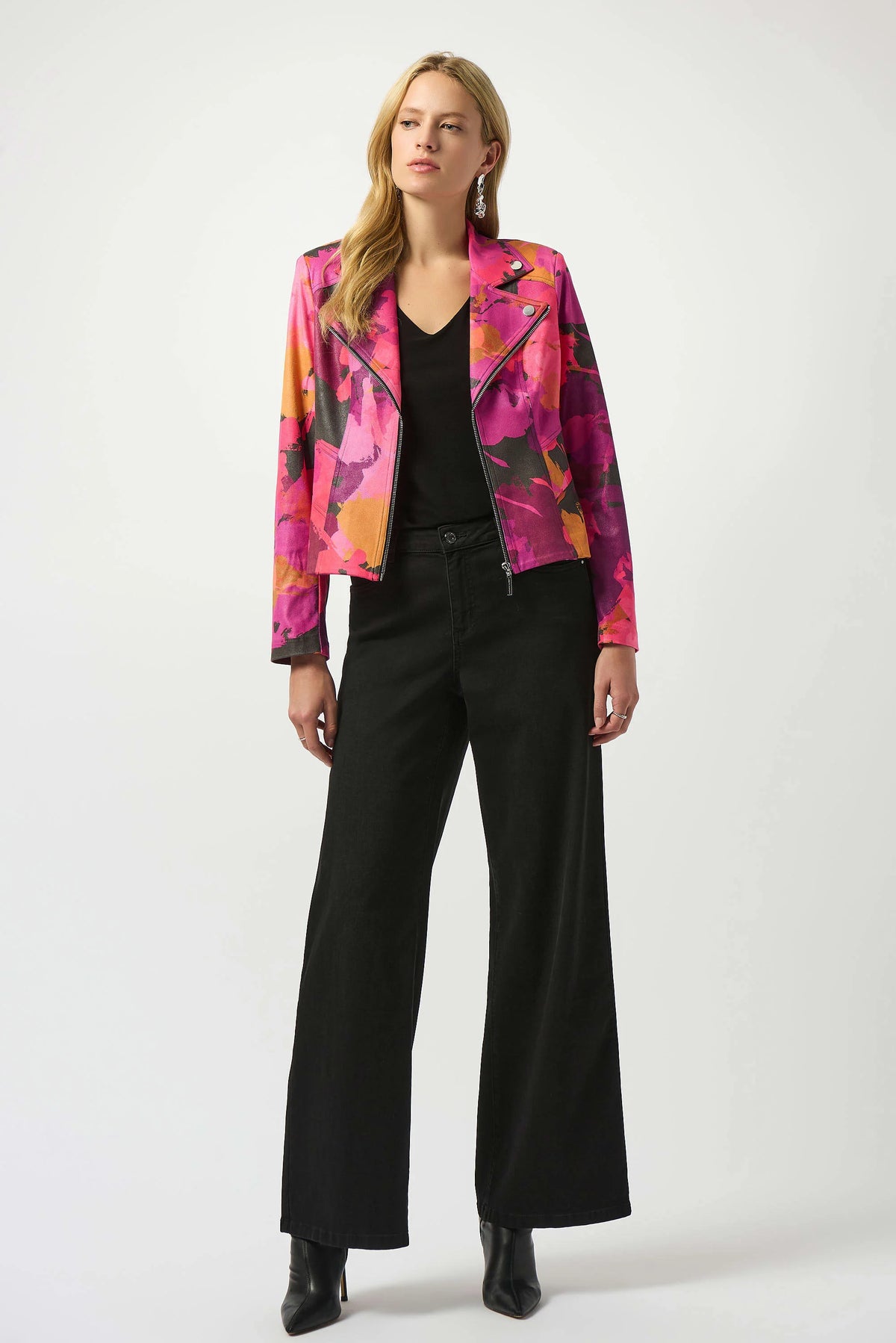 Joseph Ribkoff Black/Multi Foiled Faux Suede Abstract Print Fitted Jacket