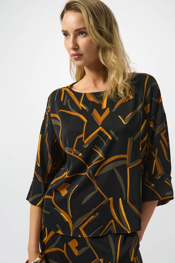 Joseph Ribkoff Black/Multi Recycled Woven Geometric Print Boxy Top