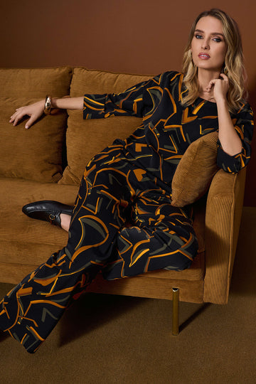 Joseph Ribkoff Black/Multi Recycled Woven Geometric Print Wide-Leg Pants