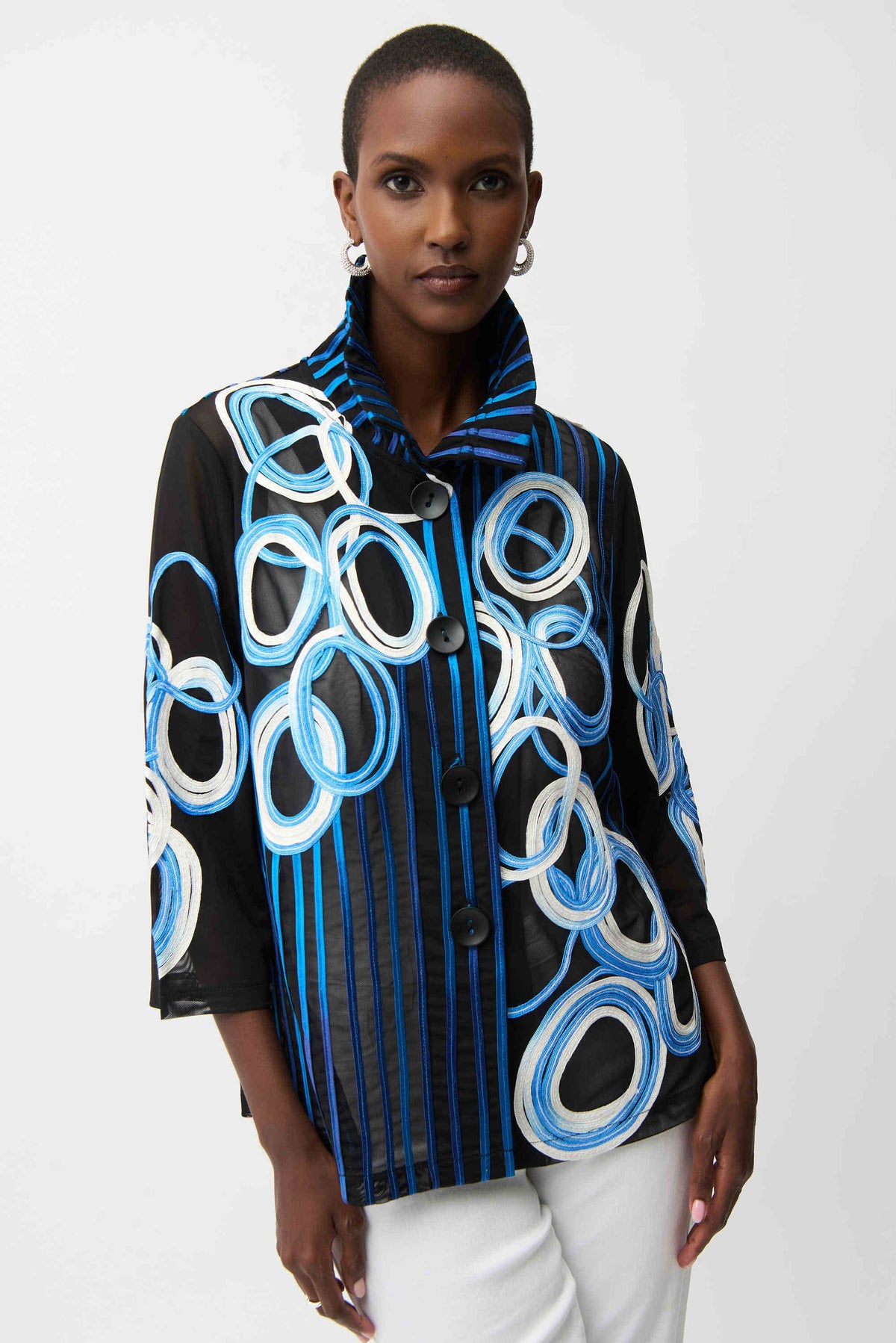 Joseph Ribkoff Black/Multi Satin And Mesh Soutache Jacket With Bell Sleeves