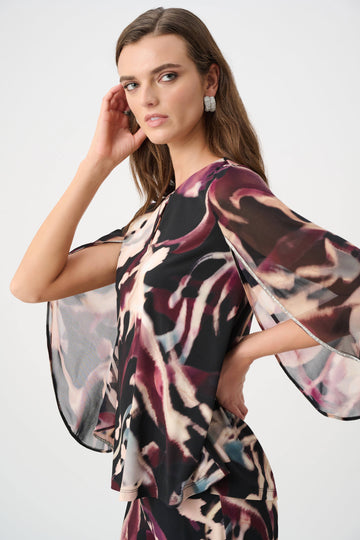 Joseph Ribkoff Black/Multi Signature | Silky Knit And Chiffon Abstract Print Top With Rhinestone Trim
