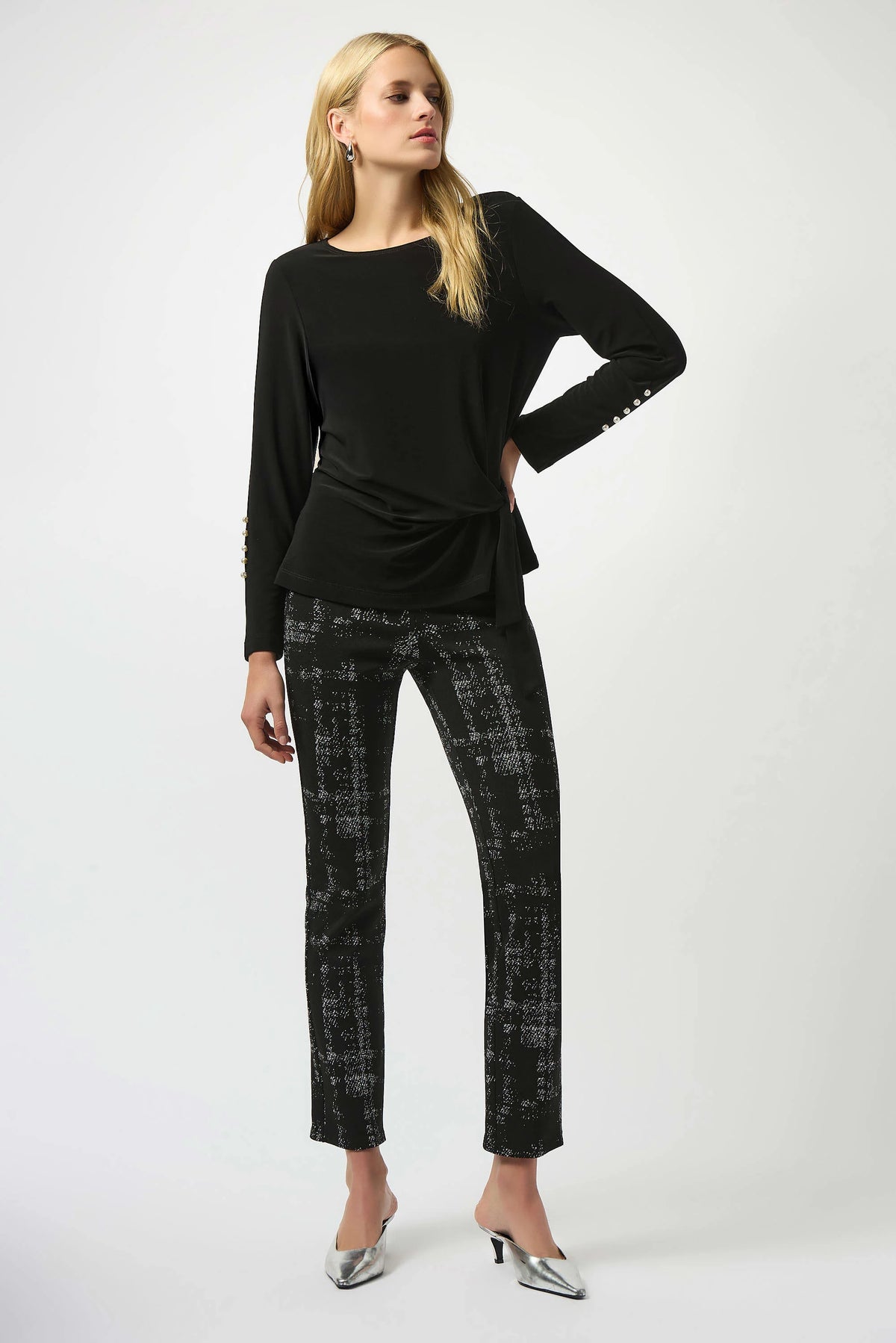 Joseph Ribkoff Black/Off White Jacquard Sweater Plaid Print Pull-On Pants 