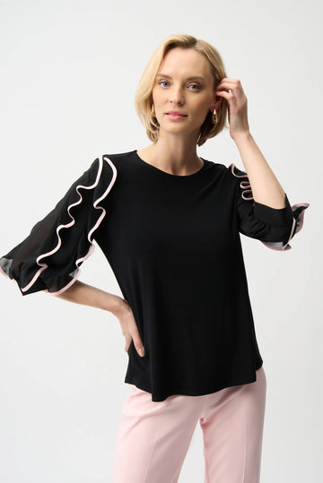 Joseph Ribkoff Black/Petal Pink Silky Knit Top with Chiffon Ruffled Sleeves