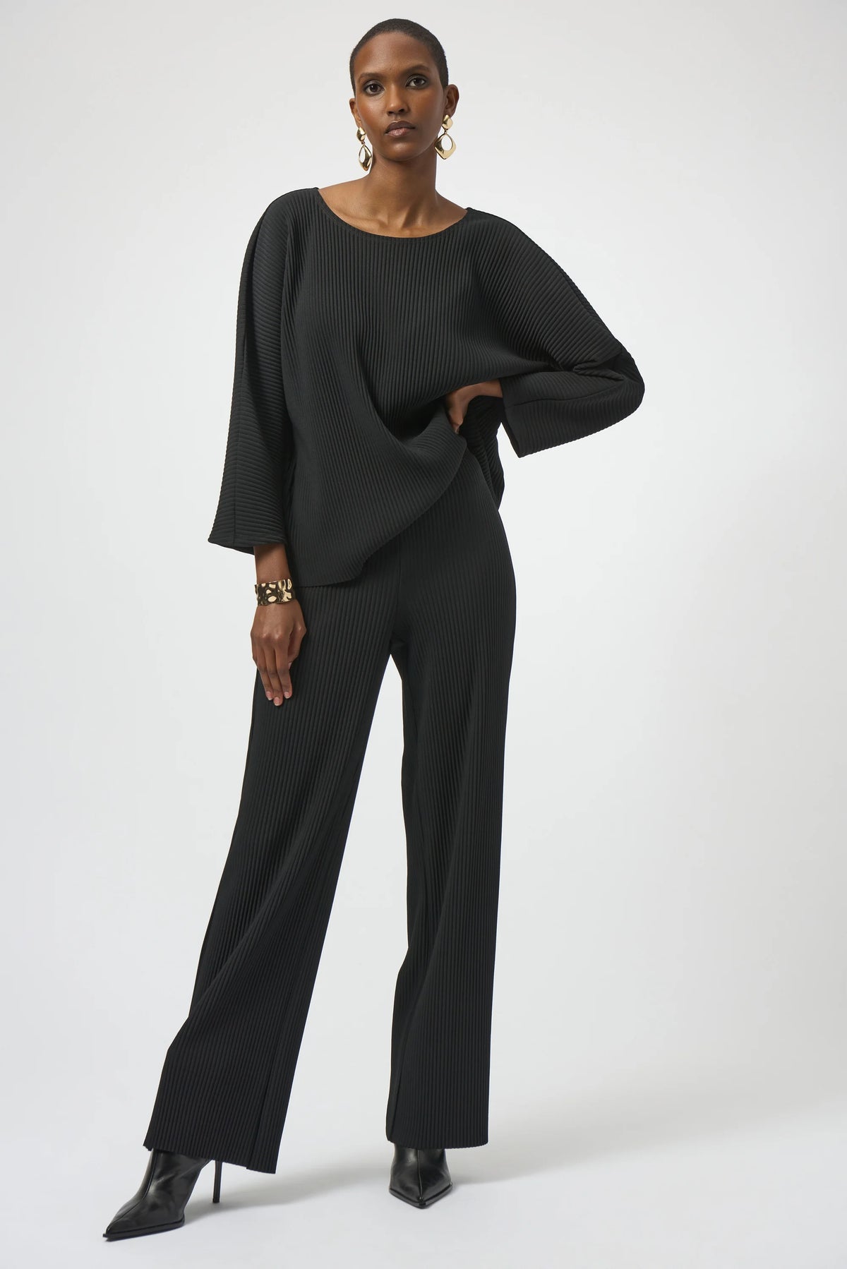 Joseph Ribkoff Black Pleated Scuba Crepe Wide-Leg Pants