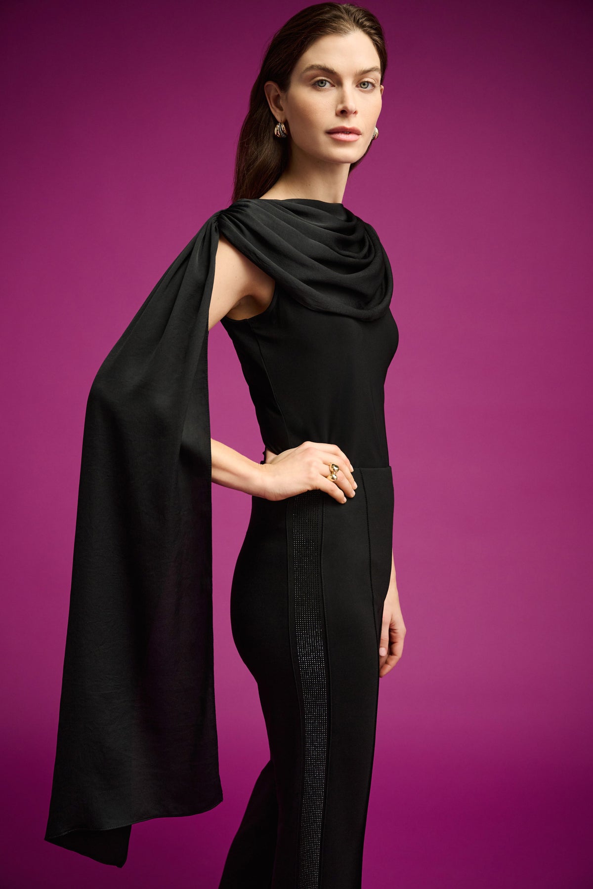 Joseph Ribkoff Black Scarf Collar Fitted Top