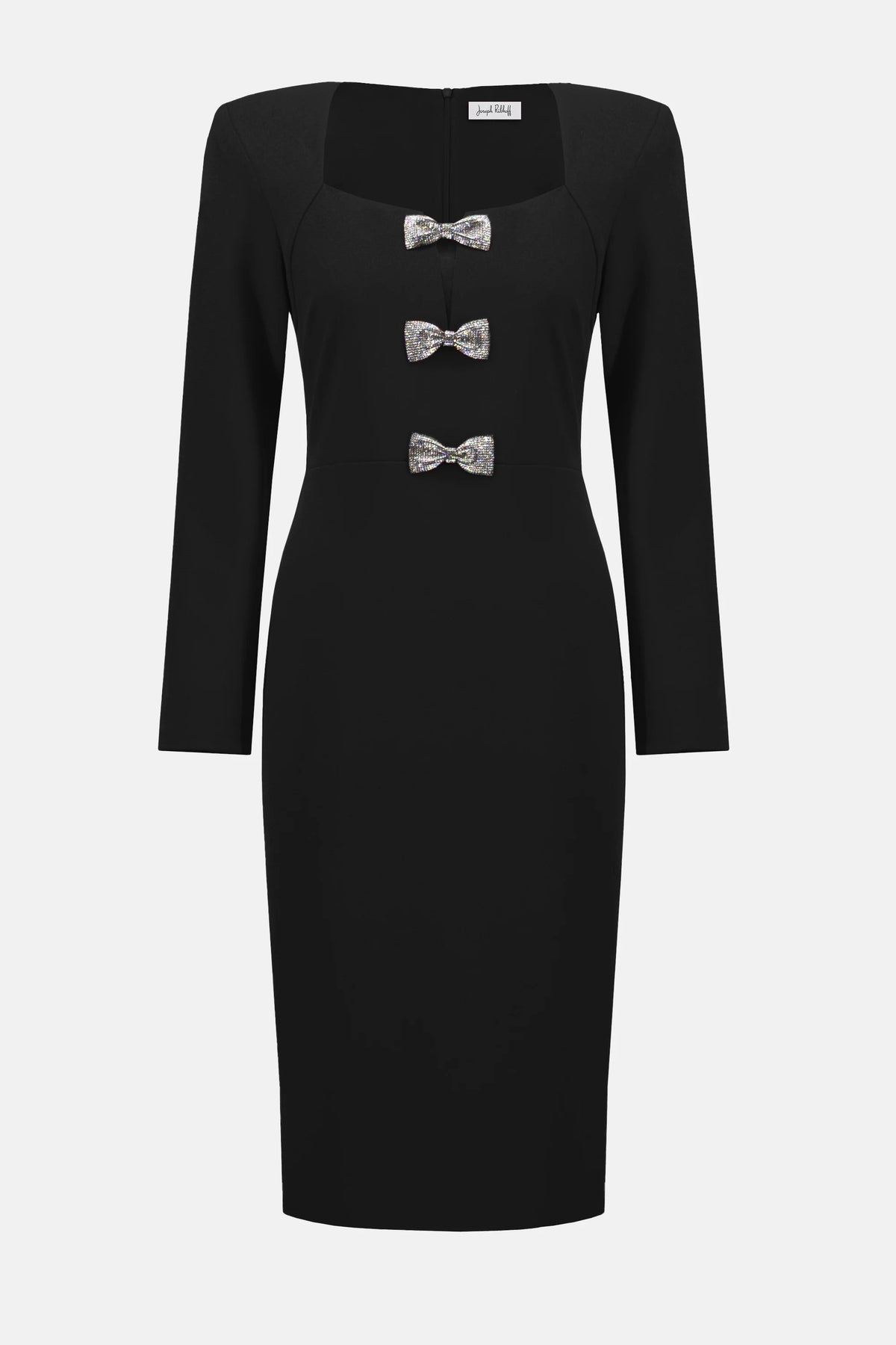 Joseph Ribkoff Black Scuba Crepe Sheath Dress With Rhinestone Bows