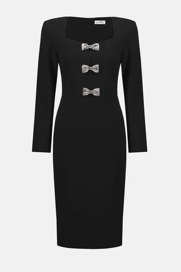 Joseph Ribkoff Black Scuba Crepe Sheath Dress With Rhinestone Bows