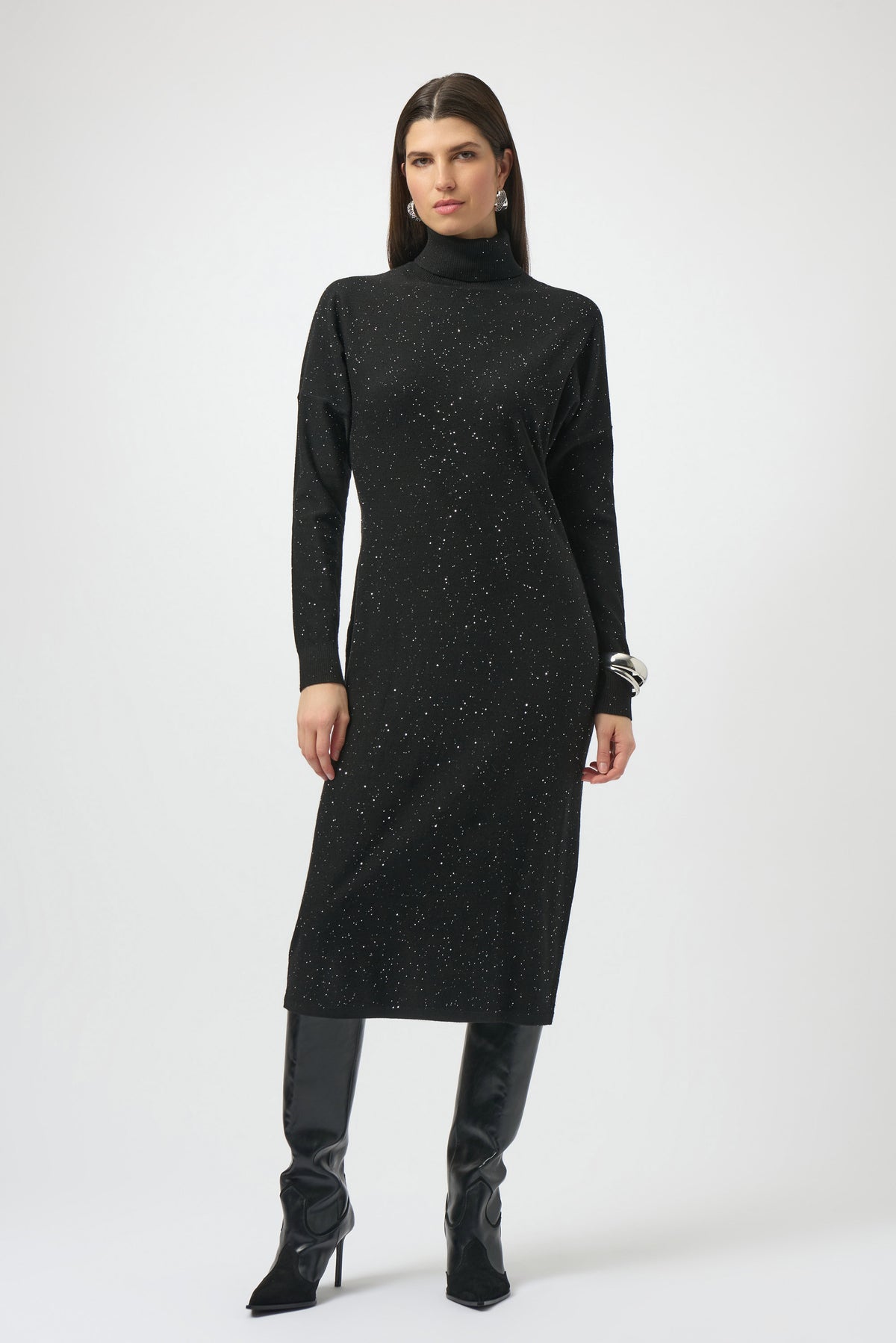 Joseph Ribkoff Black Sequined Sweater Knit Turtleneck Sheath Dress