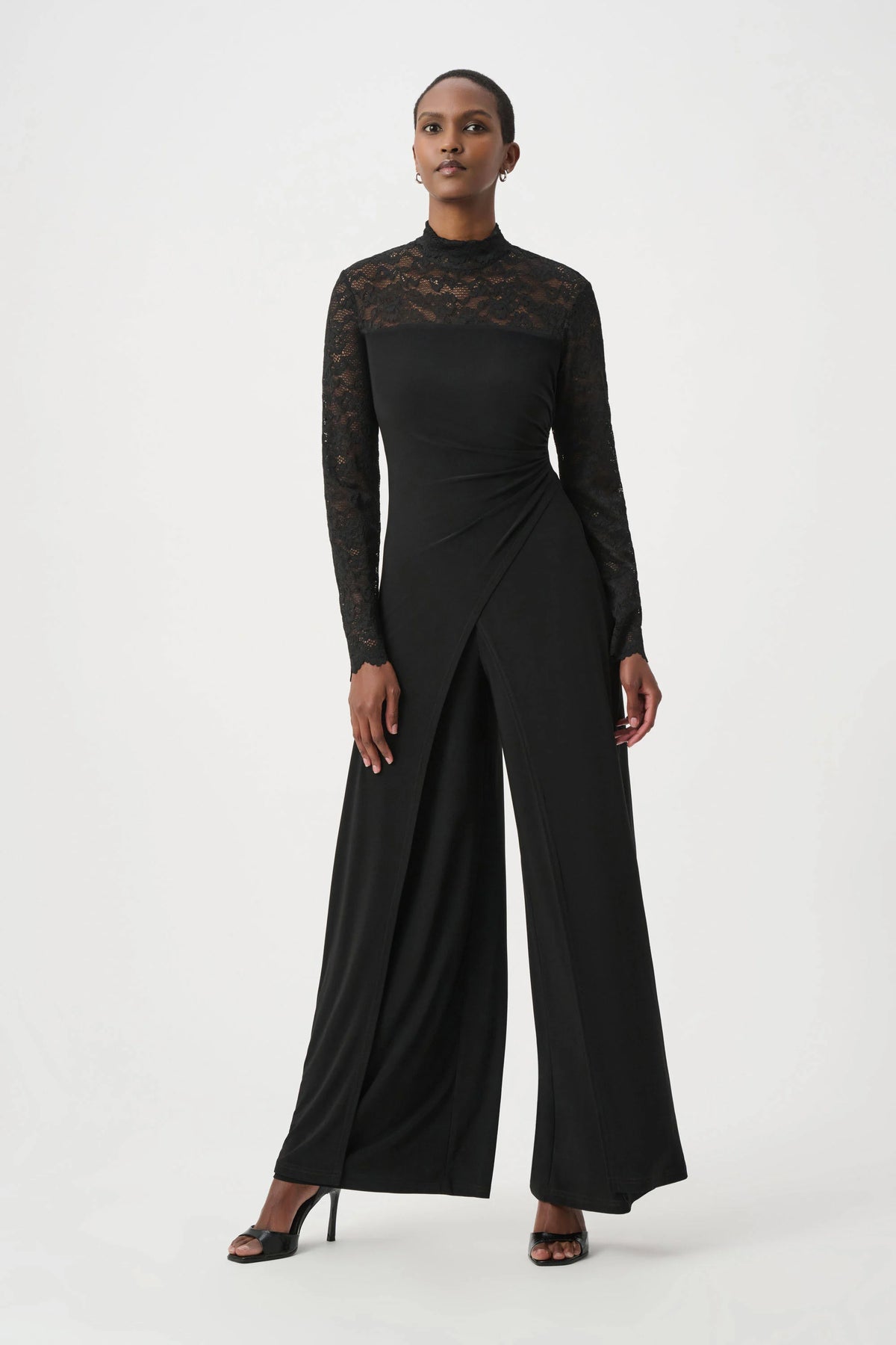 Joseph Ribkoff Black Sheer Lace Sleeve Wide-Leg Jumpsuit