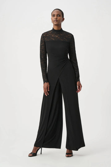 Joseph Ribkoff Black Sheer Lace Sleeve Wide-Leg Jumpsuit