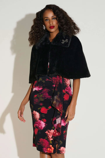 Joseph Ribkoff Black Signature | Faux Fur Cape with Crystal Brooch