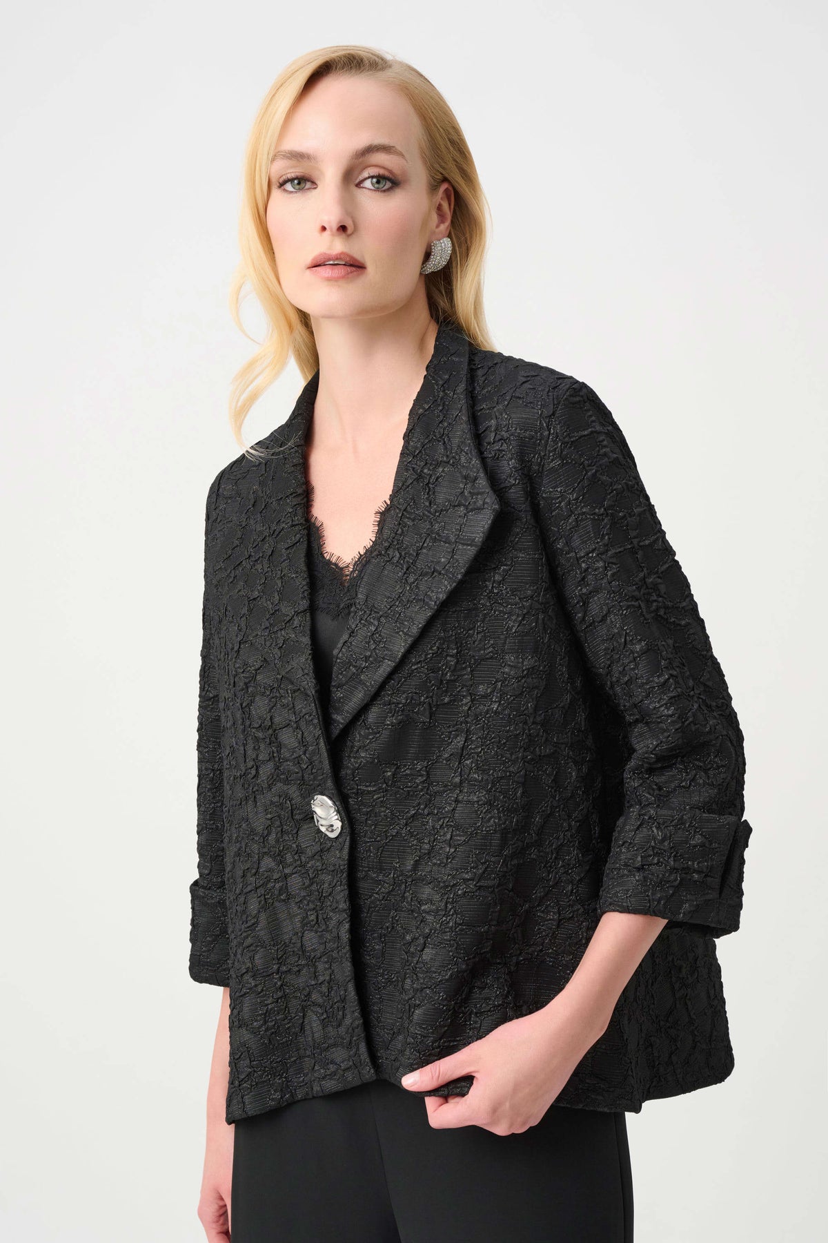 Joseph Ribkoff Black Signature | Lurex Textured Jacquard Lapel-Collar Trapeze Jacket