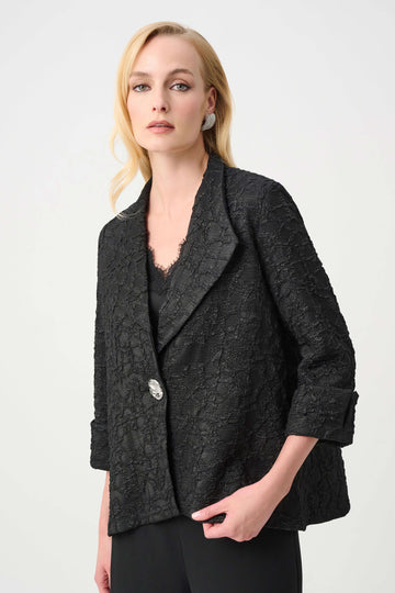 Joseph Ribkoff Black Signature | Lurex Textured Jacquard Lapel-Collar Trapeze Jacket