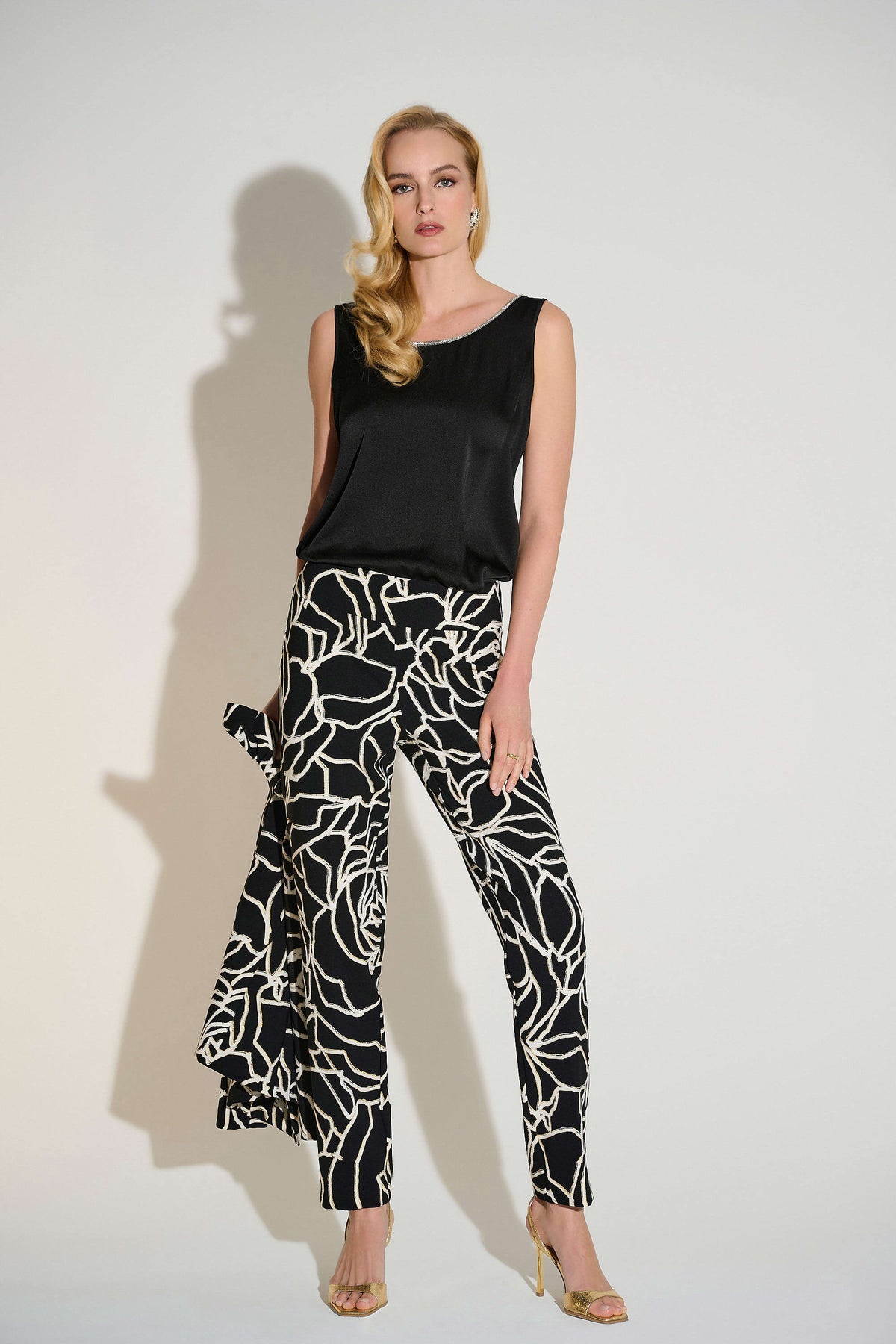 Joseph Ribkoff Black Signature | Recycled Satin Top with Rhinestone Trim