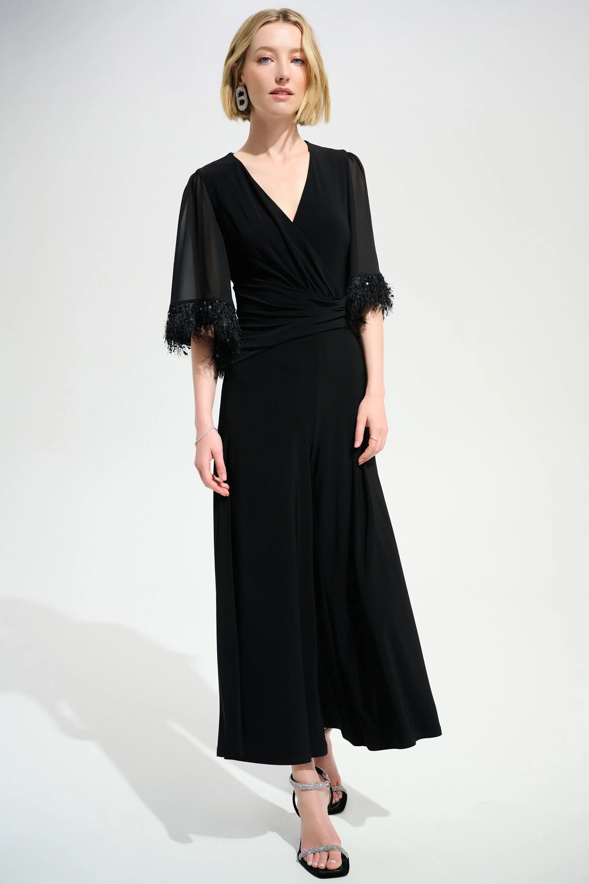 Joseph Ribkoff Black Signature | Silky Knit Wide Leg Jumpsuit With Chiffon Sleeves
