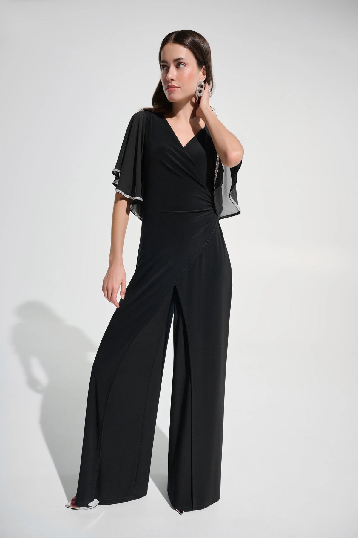 Joseph Ribkoff Black Signature |Silky Knit Wrap Wide Leg Jumpsuit With Rhinestone Trim