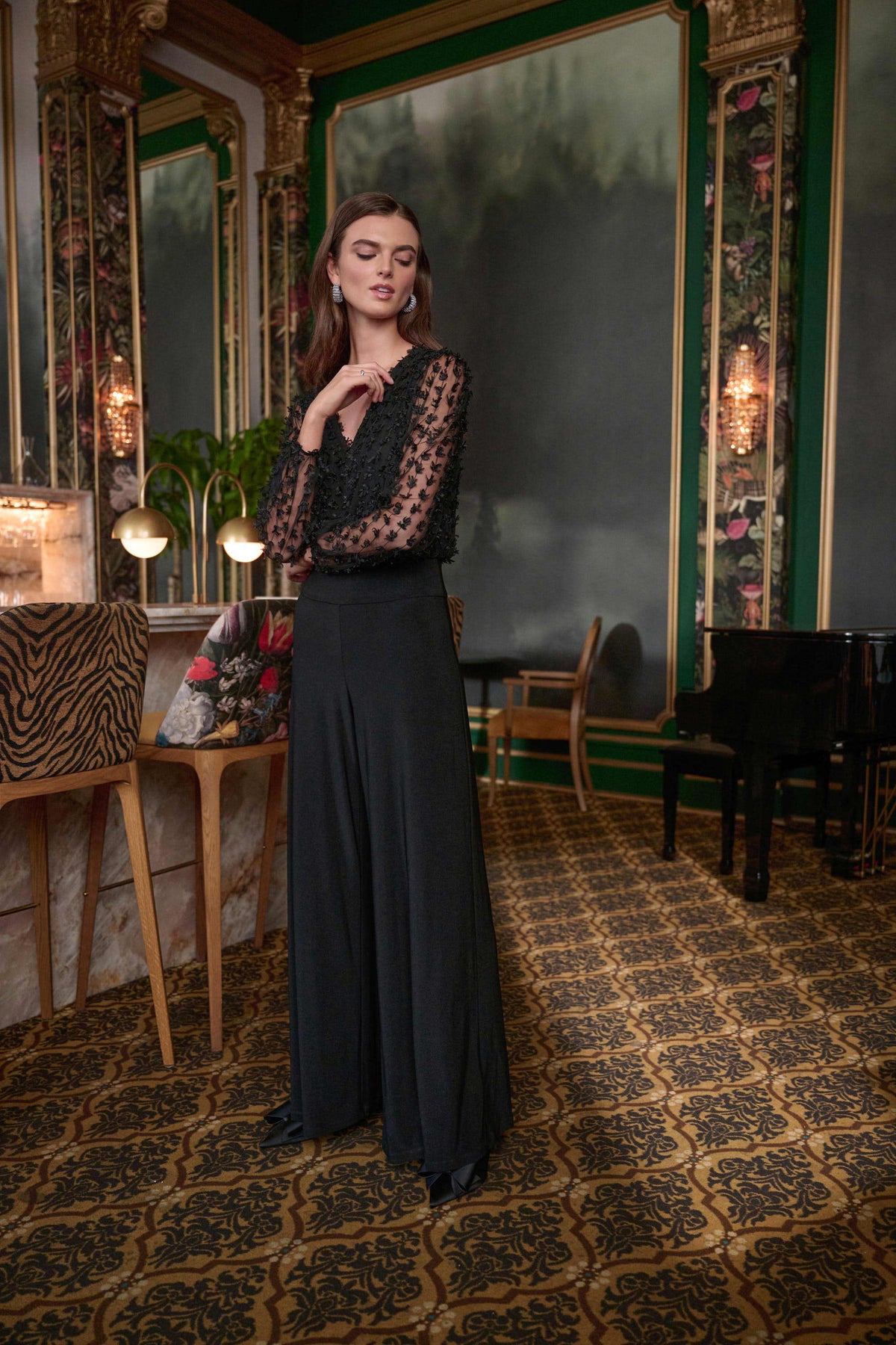 Joseph Ribkoff Black Signature | Silky Knit and Sheer Novelty Wide Leg Jumpsuit