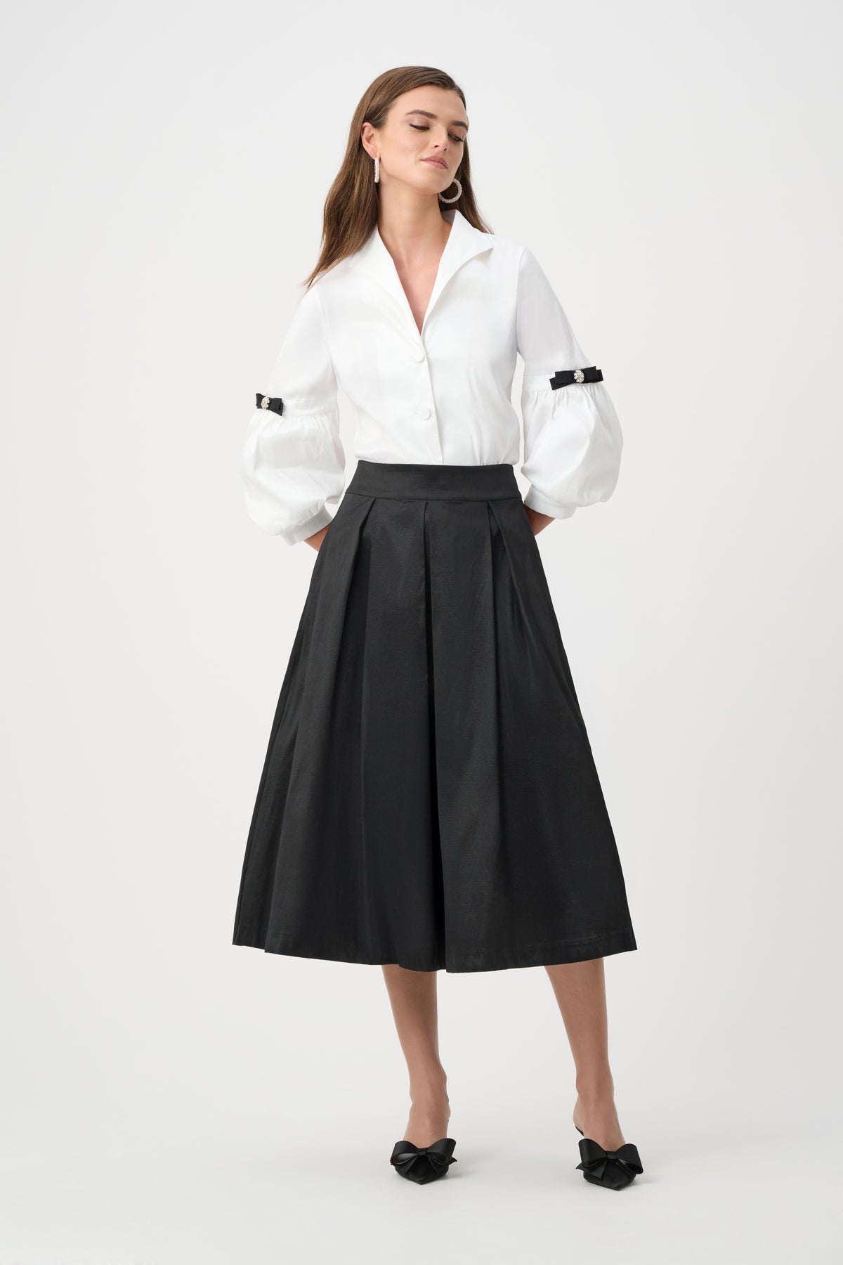 Joseph Ribkoff Black Signature | Stretch Taffeta Flared Skirt With Box Pleats