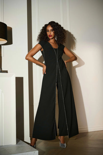 Joseph Ribkoff Black Signature | Woven Wide Leg Jumpsuit with Rhinestone Detail