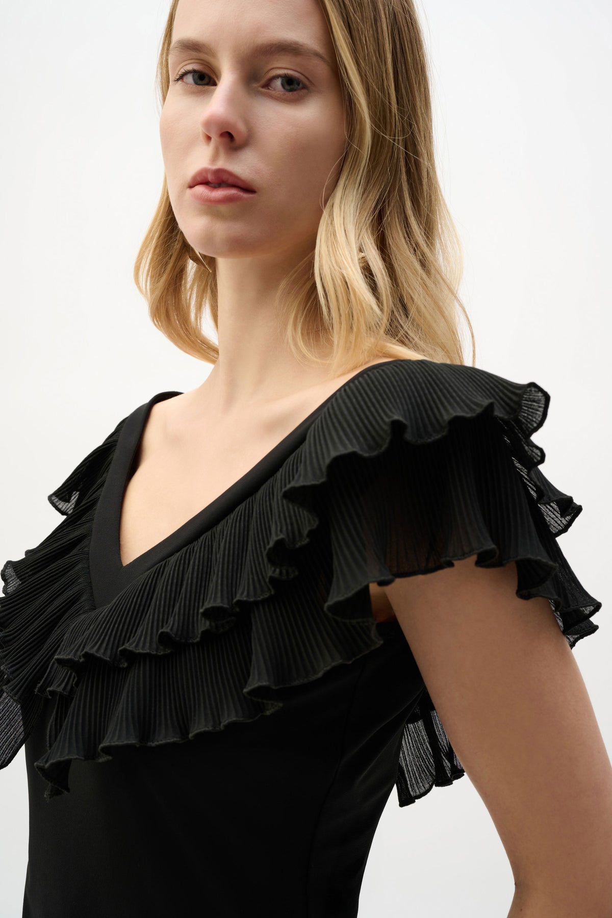 Joseph Ribkoff Black Silky Knit And Georgette Fitted Top With Pleats