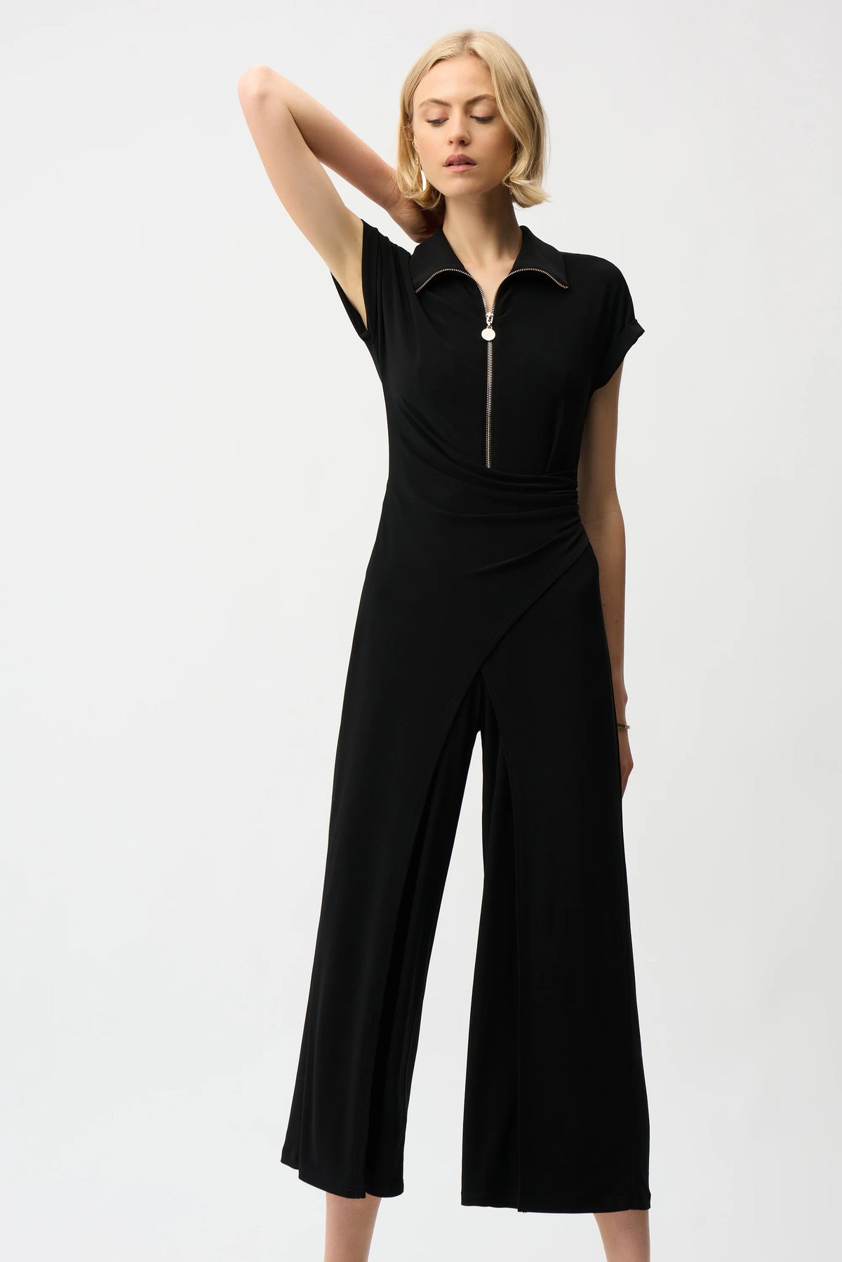 Joseph Ribkoff Black Silky Knit Culotte Jumpsuit With Gold Zipper