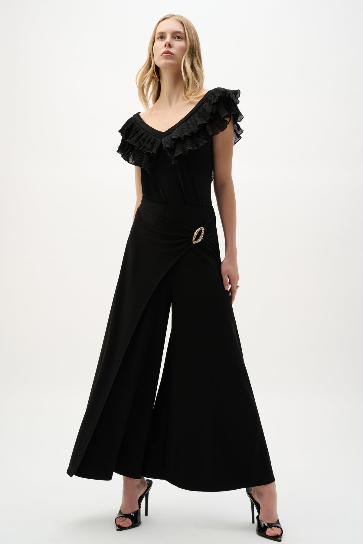 Joseph Ribkoff Black Silky Knit Culotte Pull-On Pants With Buckle Detail