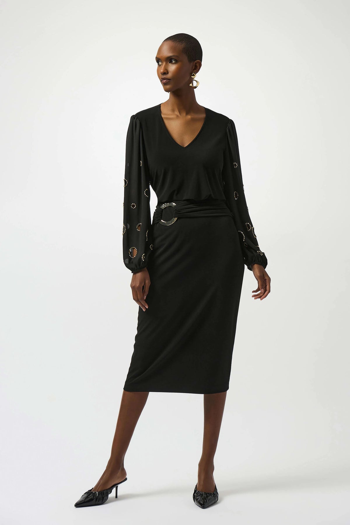 Joseph Ribkoff Black Silky Knit &amp; Georgette Top With Sleeve Beading