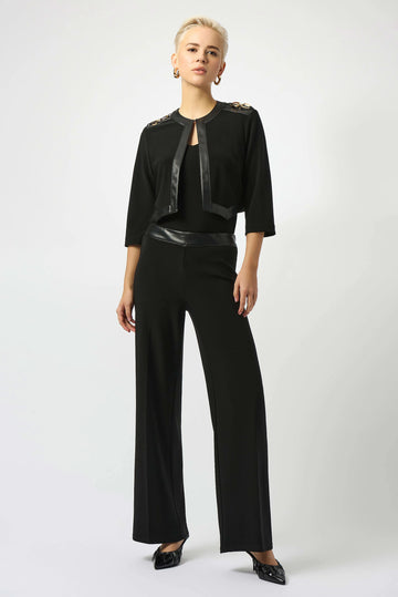 Joseph Ribkoff Black Silky Knit & Leatherette Cropped Jacket