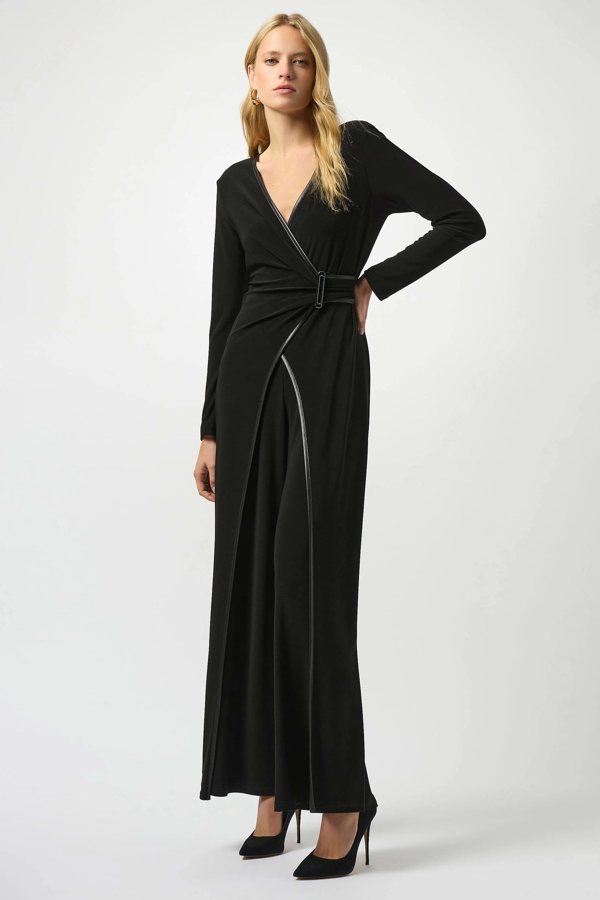 Joseph Ribkoff Black Silky Knit &amp; Leatherette Wide-Leg Jumpsuit