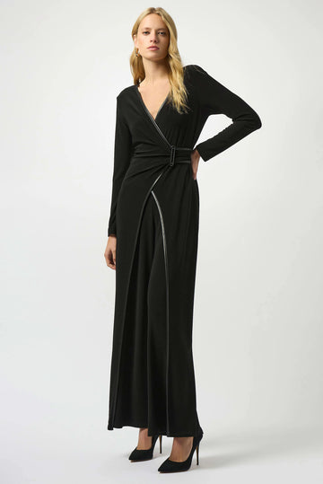 Joseph Ribkoff Black Silky Knit & Leatherette Wide-Leg Jumpsuit